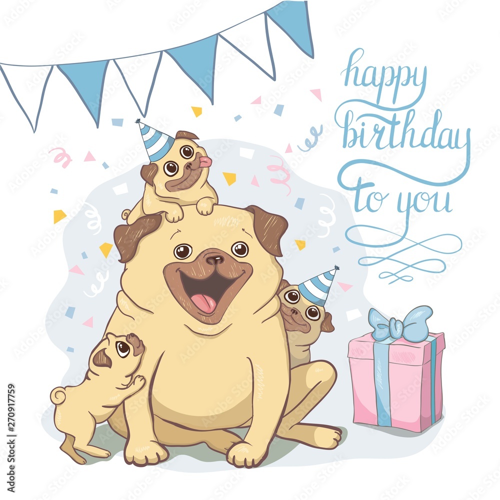 Naklejka premium Birthday cards set with cute cartoon dogs. Balloons and party hats. Vector contour image. Little puppies. Funny animals.