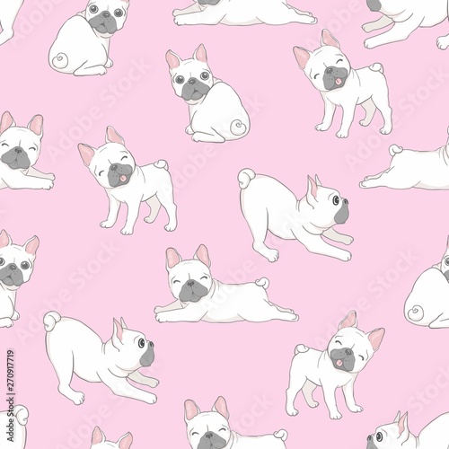 Dog seamless pattern french bulldog paw vector repeat background tile cartoon wallpaper isolated black