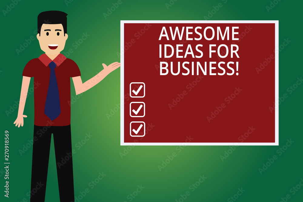 Word writing text Awesome Ideas For Business. Business concept for Great amazing strategies for growing up Man with Tie Standing Talking Presenting Blank Color Square Board photo Word writing text Awesome Ideas For Business. Business concept for Great amazing strategies for growing up Man with Tie Standing Talking Presenting Blank Color Square Board photo