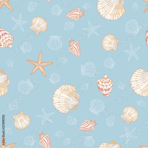 Seashell seamless pattern. Scallop vector background.