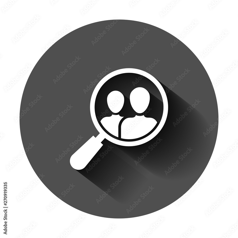 Search job vacancy icon in flat style. Loupe career vector illustration on black round background with long shadow. Find vacancy business concept. Search job vacancy icon in flat style. Loupe career vector illustration on black round background with long shadow. Find vacancy business concept.