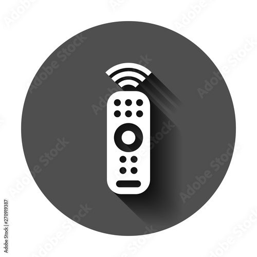 Remote control icon in flat style. Infrared controller vector illustration on black round background with long shadow. Tv keypad business concept.
