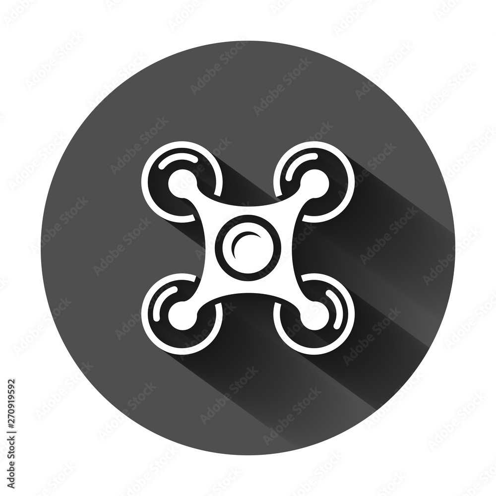 Drone quadrocopter icon in flat style. Quadcopter camera vector illustration on black round background with long shadow. Helicopter flight business concept.