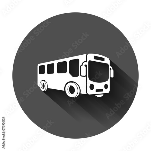 School bus icon in flat style. Autobus vector illustration on black round background with long shadow. Coach transport business concept.