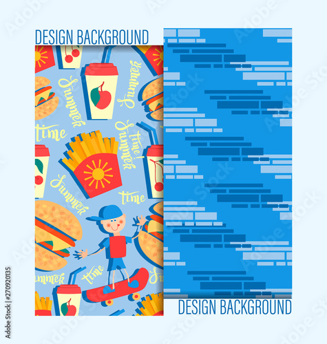 Summertime and boy on a skateboard. Fast food. Set of two seamless patterns for the menu of snack bars, cafes, shops, design of children's textiles and packaging materials.