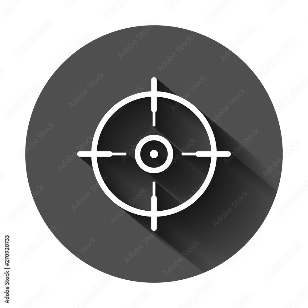 Shooting target vector icon in flat style. Aim sniper symbol illustration on black round background with long shadow. Target aim business concept. Shooting target vector icon in flat style. Aim sniper symbol illustration on black round background with long shadow. Target aim business concept.