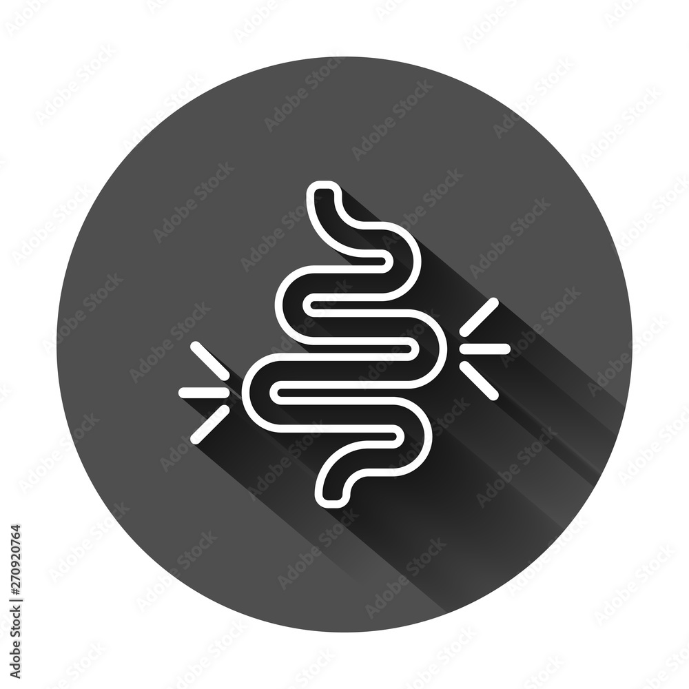 Gut constipation icon in flat style. Colitis vector illustration on black round background with long shadow. Stomach business concept. Gut constipation icon in flat style. Colitis vector illustration on black round background with long shadow. Stomach business concept.