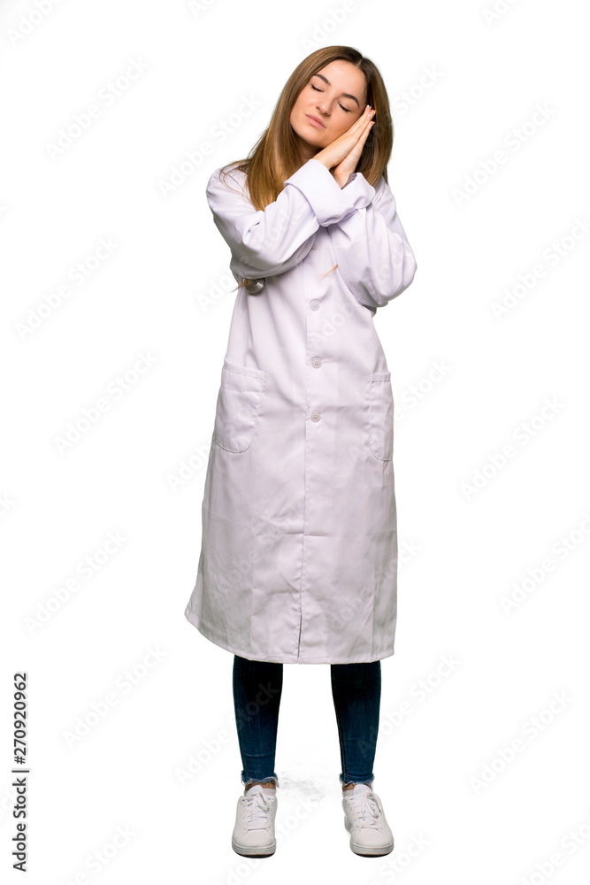 Full body Young doctor woman making sleep gesture in dorable expression on isolated background Full body Young doctor woman making sleep gesture in dorable expression on isolated background