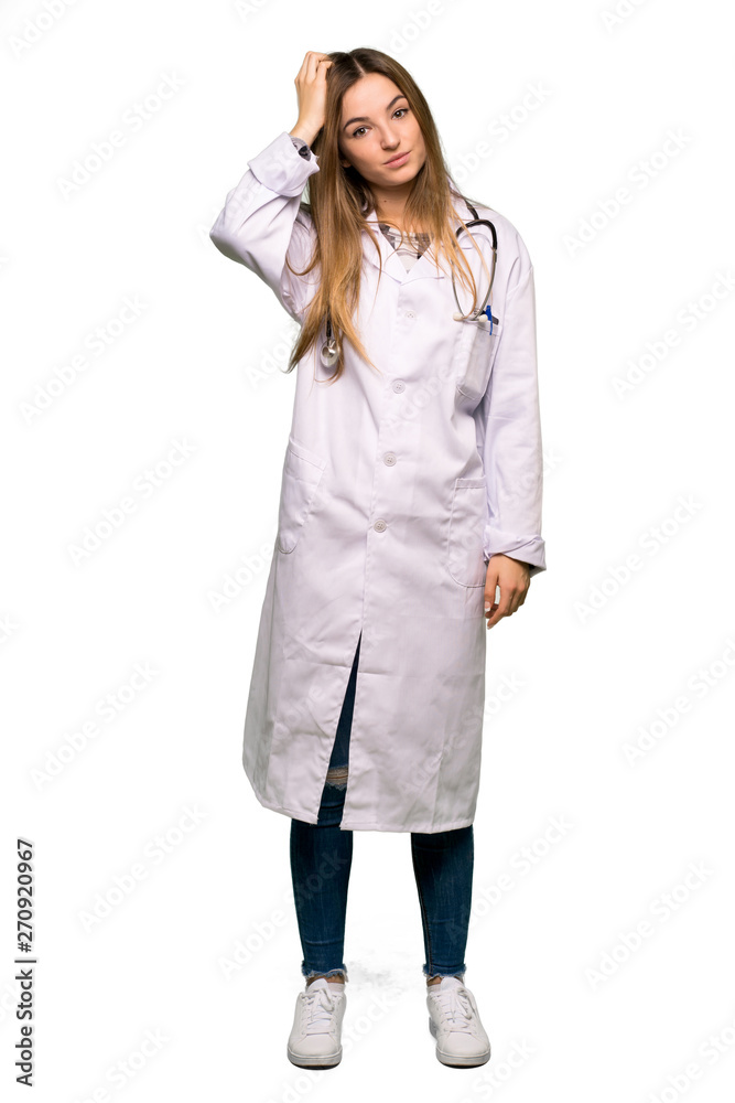 Full body Young doctor woman with an expression of frustration and not understanding on isolated background Full body Young doctor woman with an expression of frustration and not understanding on isolated background