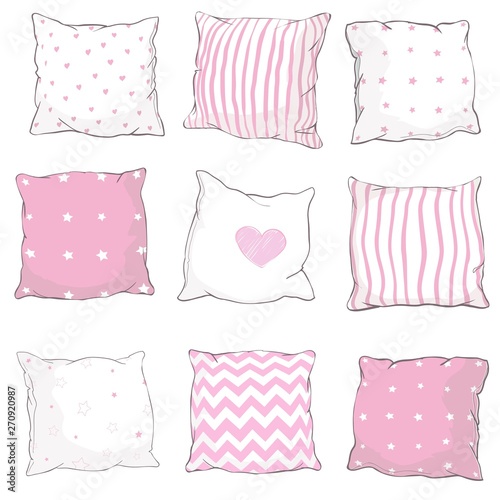 Vector cartoon decorative pillows. Hand drawn set of decorative pillows. Doodle illustration