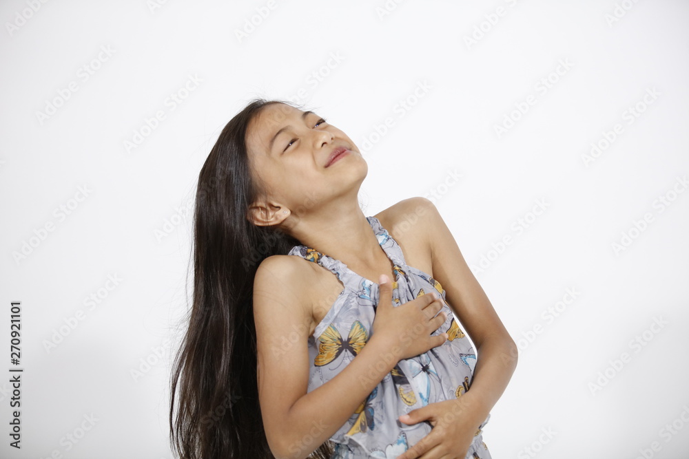 Pretty asian girl in butterflies dress laughs Pretty asian girl in butterflies dress laughs