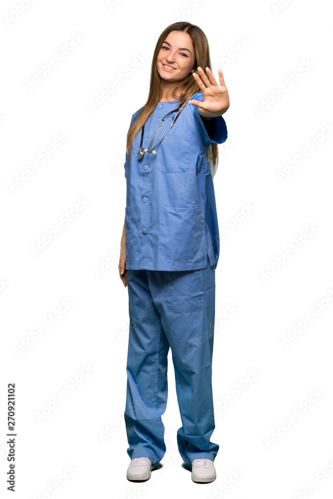 Full body Young nurse counting five with fingers on isolated background Full body Young nurse counting five with fingers on isolated background