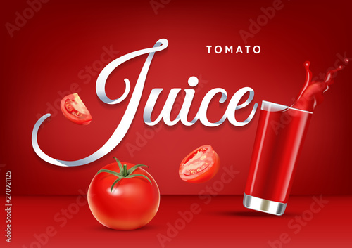 Vector realistic isolated illustration of tomato juice in glass and tomato fruits. Ad poster with 3d effect of fresh beverage with splash. Healthy organic tomatoes berry and juice on red background.