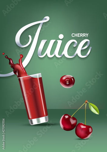 Vector realistic isolated illustration of cherry and cherry juice in glass. Ad poster with 3d effect of fresh beverage with splash. Healthy organic cherry berry and cherry juice on green background.