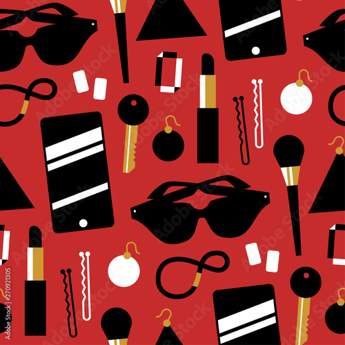 Seamless pattern of fashionable things, cosmetics, modern items.