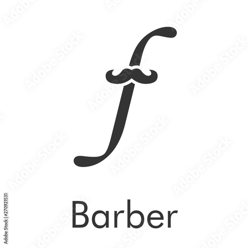 Logotipo abstracto con texto Barber con letra f minúscula con bigote en color gris