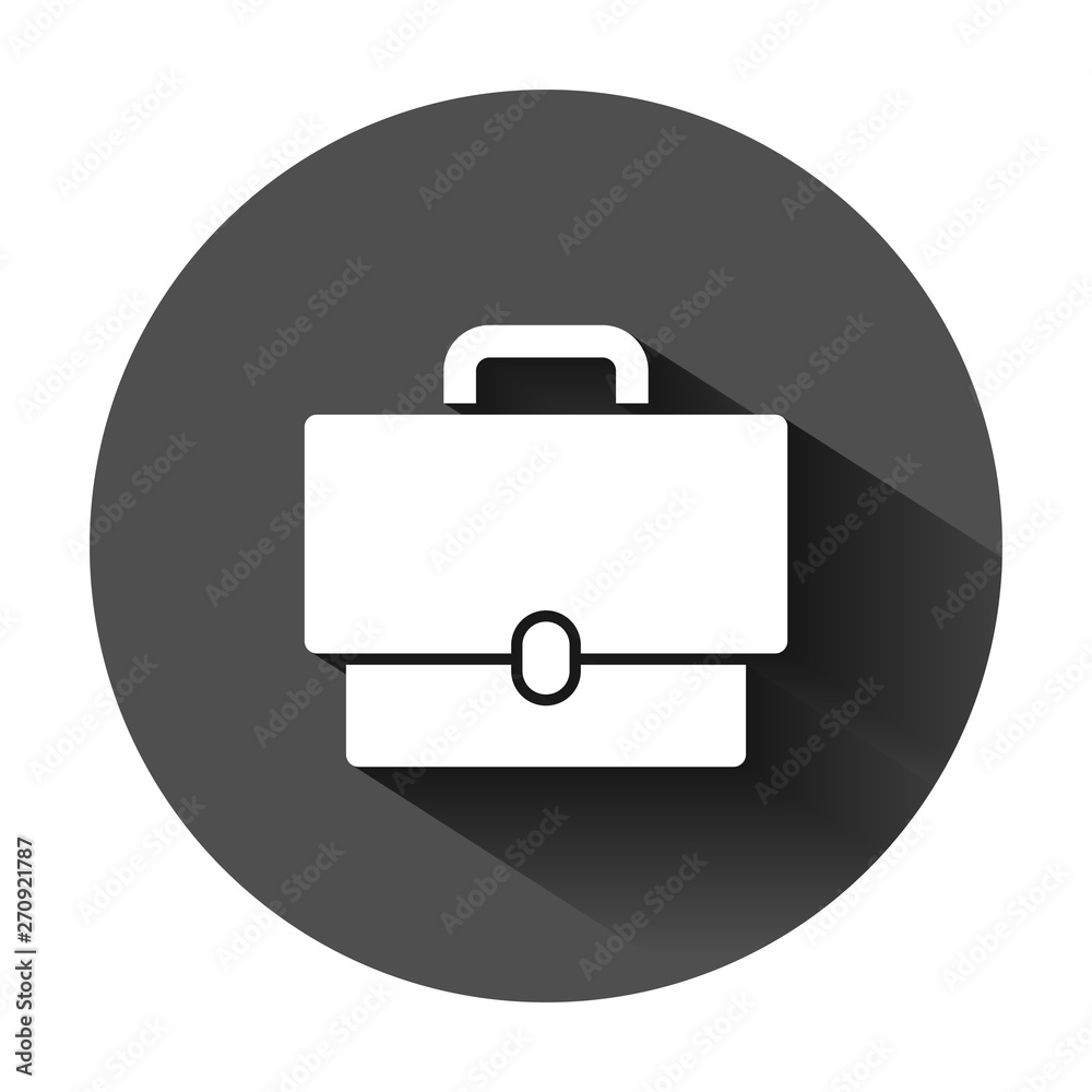 Briefcase sign icon in flat style. Suitcase vector illustration on black round background with long shadow. Baggage business concept. Briefcase sign icon in flat style. Suitcase vector illustration on black round background with long shadow. Baggage business concept.