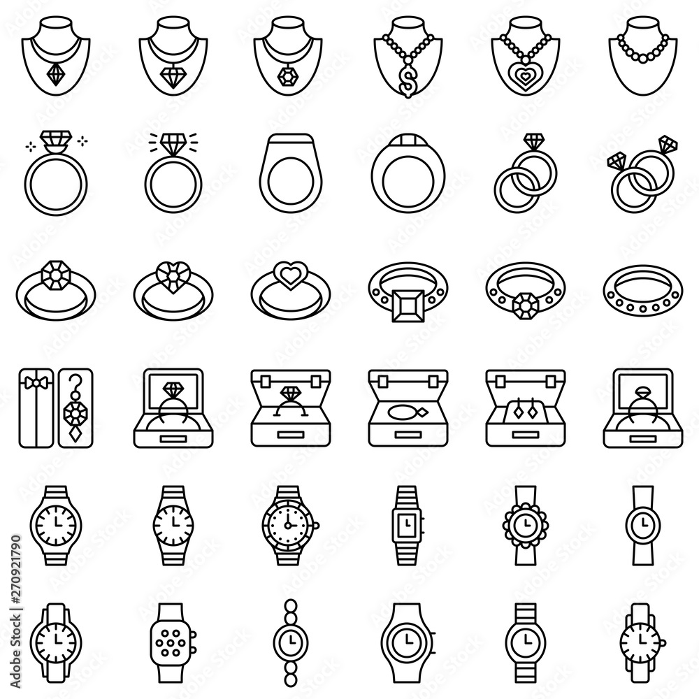 Accessories and Jewelry vector icon set, line style