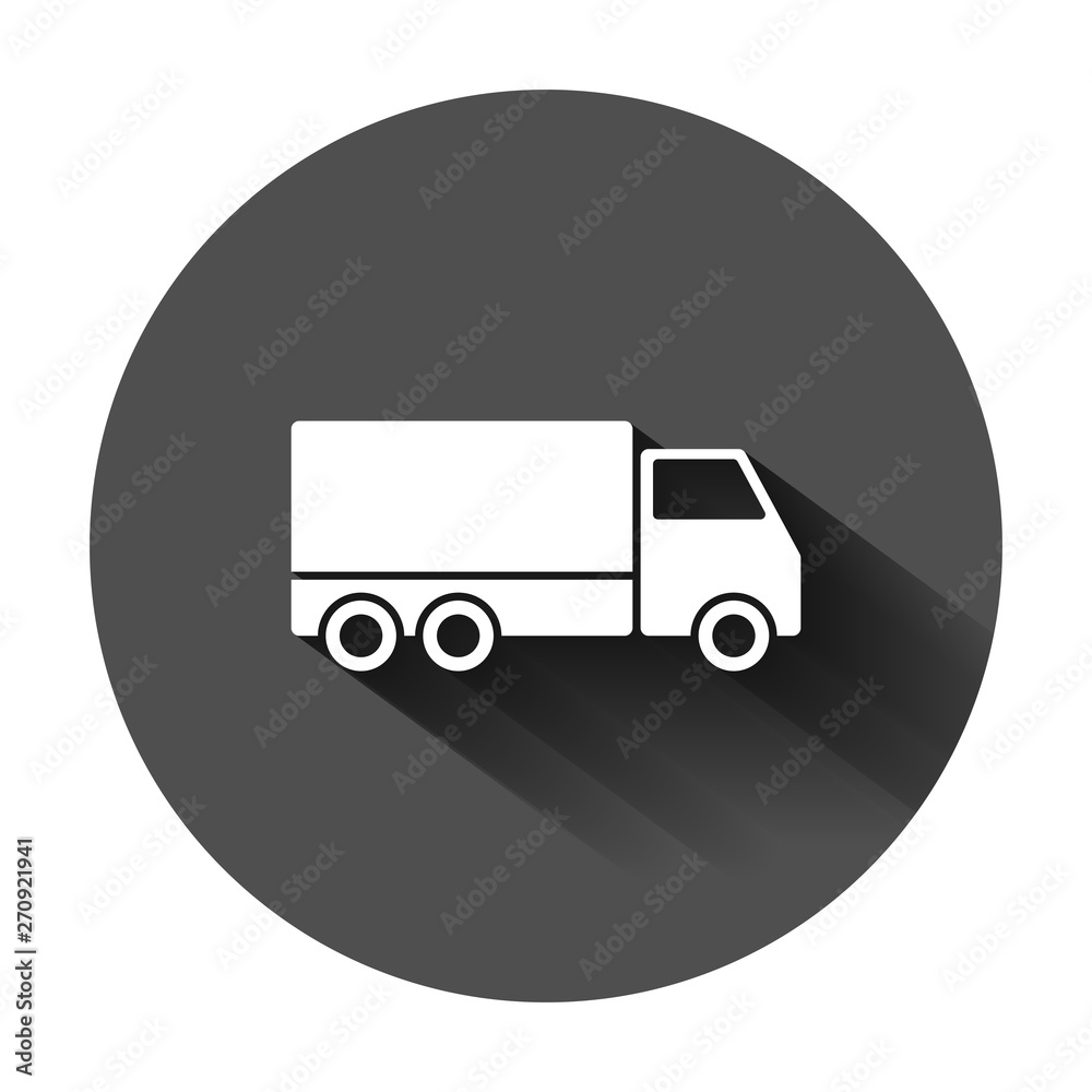 Delivery truck sign icon in flat style. Van vector illustration on black round background with long shadow. Cargo car business concept. Delivery truck sign icon in flat style. Van vector illustration on black round background with long shadow. Cargo car business concept.
