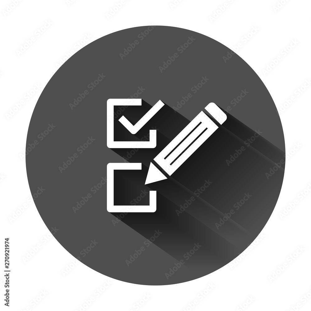 Checklist document sign icon in flat style. Survey vector illustration on black round background with long shadow. Check mark banner business concept. Checklist document sign icon in flat style. Survey vector illustration on black round background with long shadow. Check mark banner business concept.