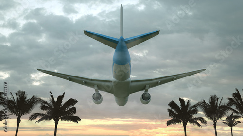 Airplane flying at sunset over the tropical land with palm trees. 3D illustration