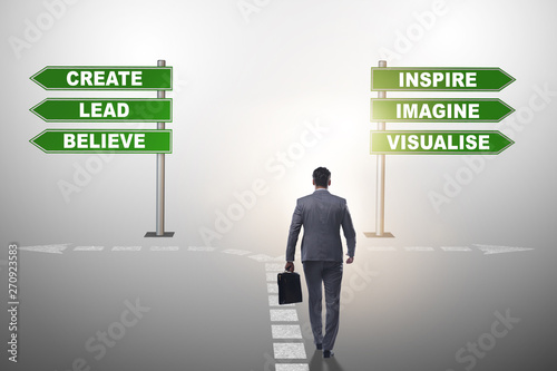 Businessman having hard choice standing at crossroads