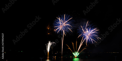 Colorful fireworks on the black sky background at pattaya international fireworks festival 2018. Thailand.