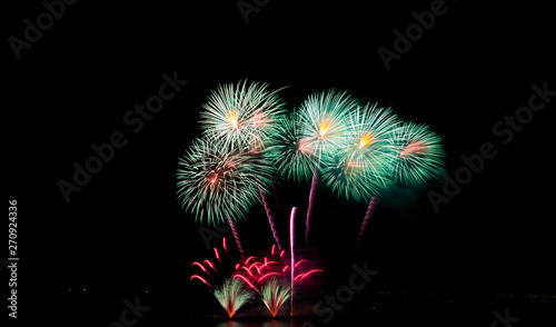 Colorful fireworks on the black sky background at pattaya international fireworks festival 2018. Thailand.