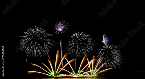 Colorful fireworks on the black sky background at pattaya international fireworks festival 2018. Thailand.