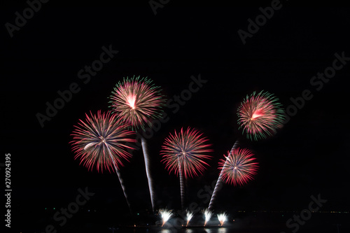 Colorful fireworks on the black sky background at pattaya international fireworks festival 2018. Thailand.