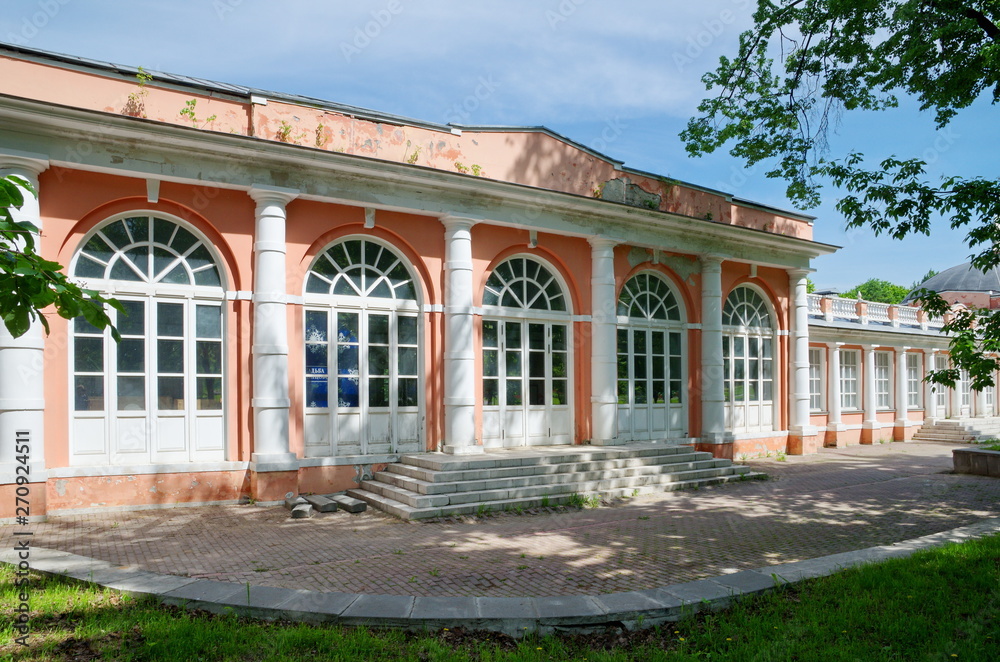 Moscow, Russia - may 20, 2019: Northern service building (greenhouse) in Vorontsovo estate (Vorontsovo Park)