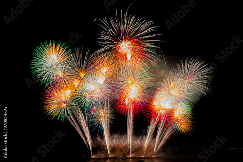 Colorful fireworks on the black sky background at pattaya international fireworks festival 2018. Thailand.