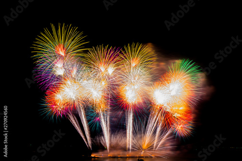 Colorful fireworks on the black sky background at pattaya international fireworks festival 2018. Thailand.