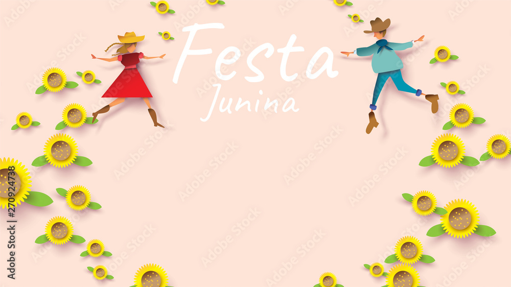 Festa Junina festival design on paper art and flat style with couple dance man and girl in love on sunflower. Can use for Greeting Card, Invitation or Holiday Poster. - Vector