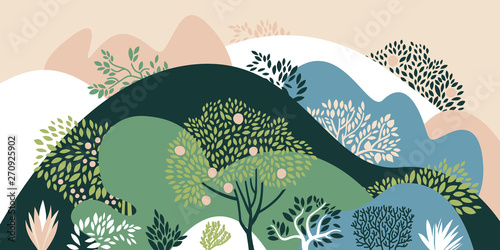 Hilly landscape with trees, bushes and plants. Growing plants and gardening. Protection and preservation of the environment. Earth Day. Vector illustration.