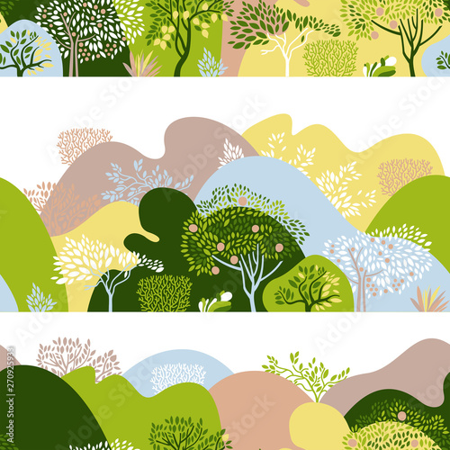 Seamless pattern with hilly landscape, trees, bushes and plants. Growing plants and gardening. Protection and preservation of the environment. Earth Day. Vector illustration.