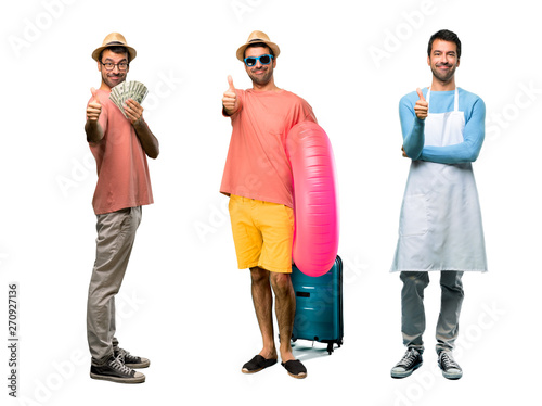 Group of man with bills  chef and Man with hat and sunglasses on his summer vacation giving a thumbs up gesture and smiling because something good has happened