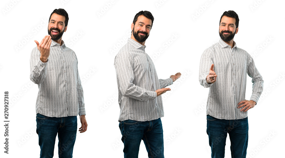 Collage of Handsome man with beard presenting and inviting to come Collage of Handsome man with beard presenting and inviting to come