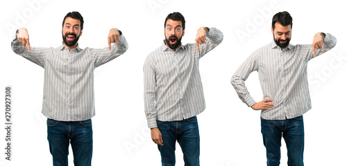 Collage of Handsome man with beard pointing down
