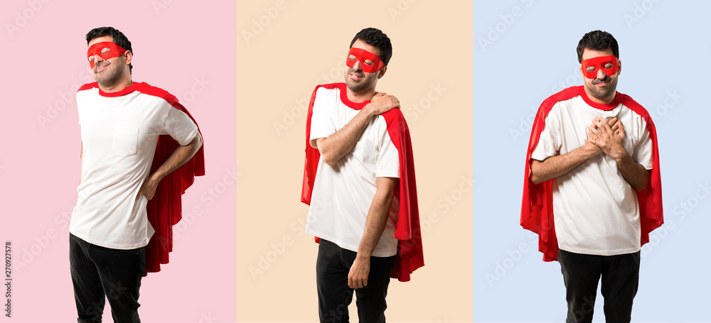 Set of Superhero man with mask and red cape suffering from pain on colorful background