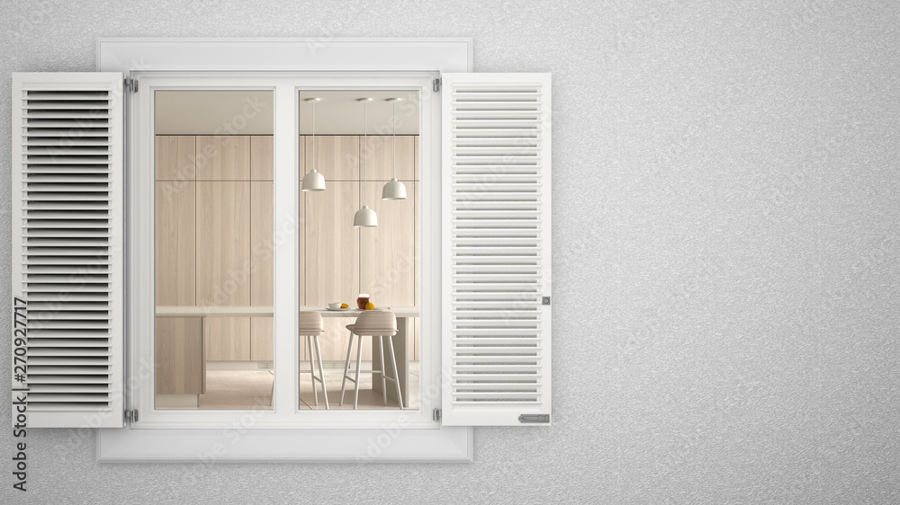 Exterior plaster wall with white window with shutters, showing interior modern kitchen, blank background with copy space, architecture design concept idea, mockup template Exterior plaster wall with white window with shutters, showing interior modern kitchen, blank background with copy space, architecture design concept idea, mockup template
