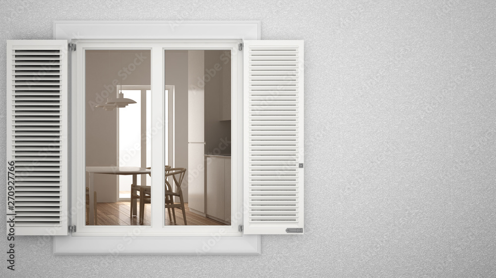 Exterior plaster wall with white window with shutters, showing interior modern kitchen, blank background with copy space, architecture design concept idea, mockup template Exterior plaster wall with white window with shutters, showing interior modern kitchen, blank background with copy space, architecture design concept idea, mockup template