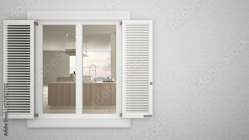 Exterior plaster wall with white window with shutters  showing interior modern kitchen  blank background with copy space  architecture design concept idea  mockup template