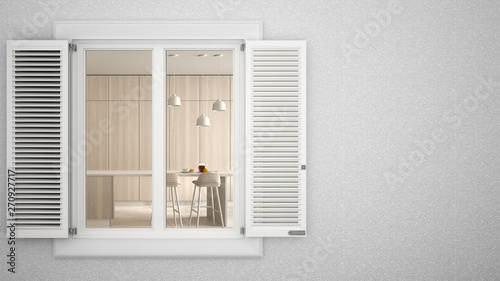 Exterior plaster wall with white window with shutters  showing interior modern kitchen  blank background with copy space  architecture design concept idea  mockup template