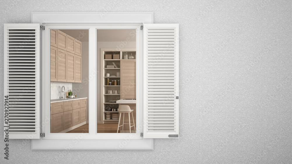 Exterior plaster wall with white window with shutters, showing interior modern kitchen, blank background with copy space, architecture design concept idea, mockup template Exterior plaster wall with white window with shutters, showing interior modern kitchen, blank background with copy space, architecture design concept idea, mockup template