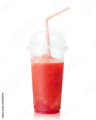 Wallpaper Mural Cold Watermelon Smoothie in plastic cup with straws isolated on white background. Summer drink. ( Clipping path ) Torontodigital.ca