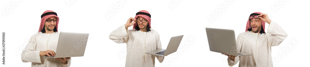Arab man with laptop isolated on white