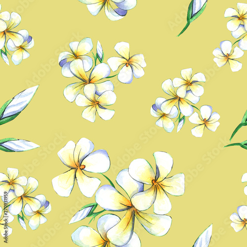 Hand drawn watercolor illustration of plumeria flowers - seamless pattern on yellow background