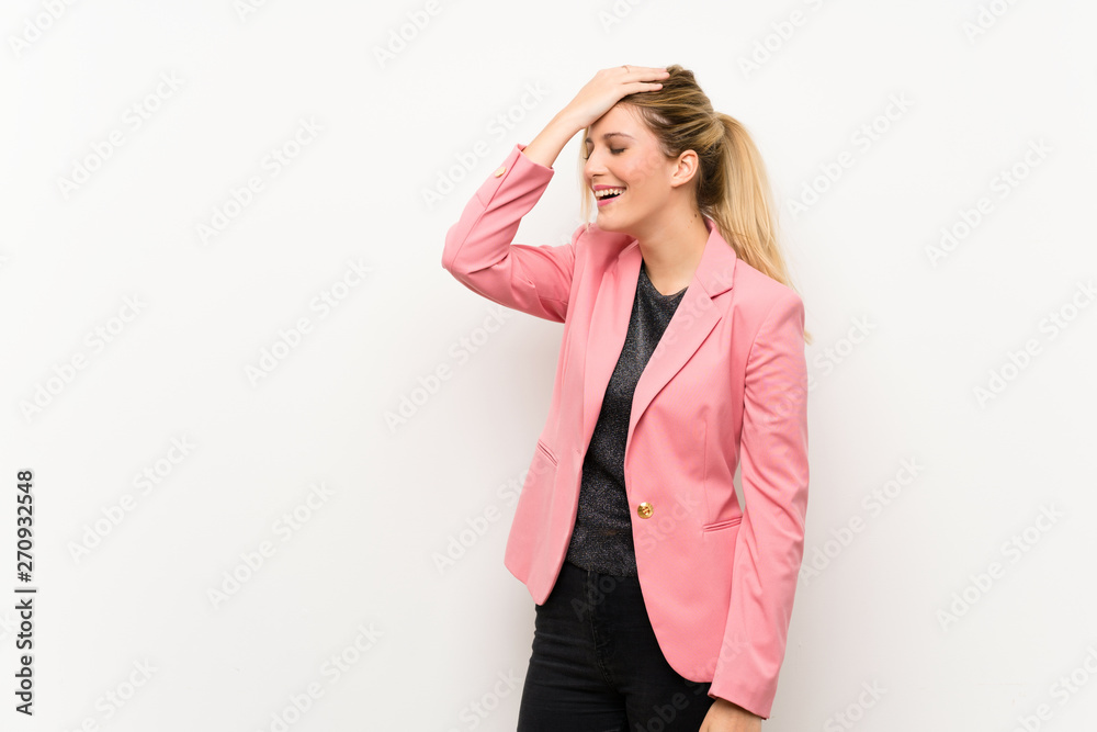 Young blonde woman with pink suit has realized something and intending the solution Young blonde woman with pink suit has realized something and intending the solution