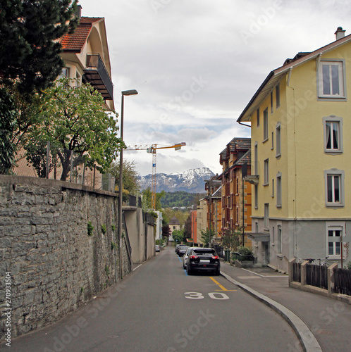 the street in Luzern against background of Pilatus mountain